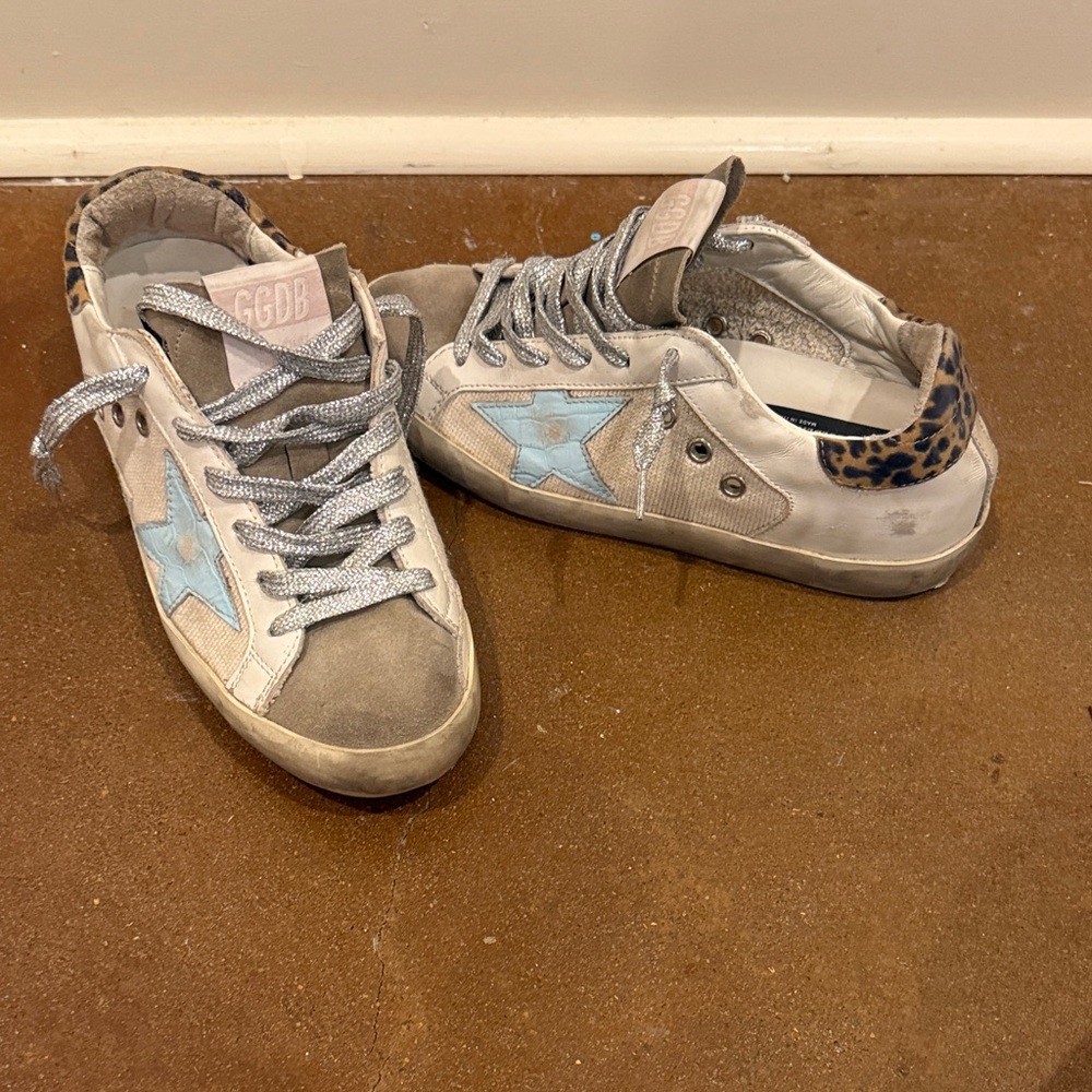 Authentic Golden Goose Sneakers with Silver Laces and Leopard Accents